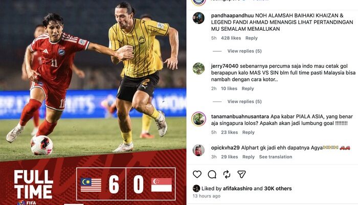 Instagram Singapura Diserbu Netizen Usai Dibantai Malaysia 0-6, Hasil Laga Dipertanyakan